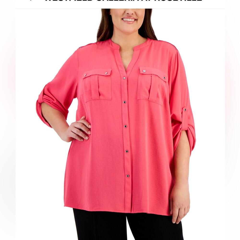 NEW Calvin Klein Plus Size Textured Roll Tab Button Down Shirt Pink Womens 2X